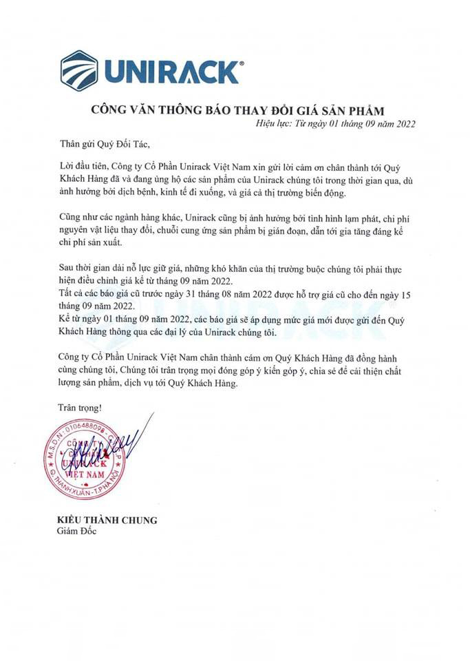 Công Văn Thông Báo Thay Đổi Giá Sản Phẩm Tủ Rack Năm 2026