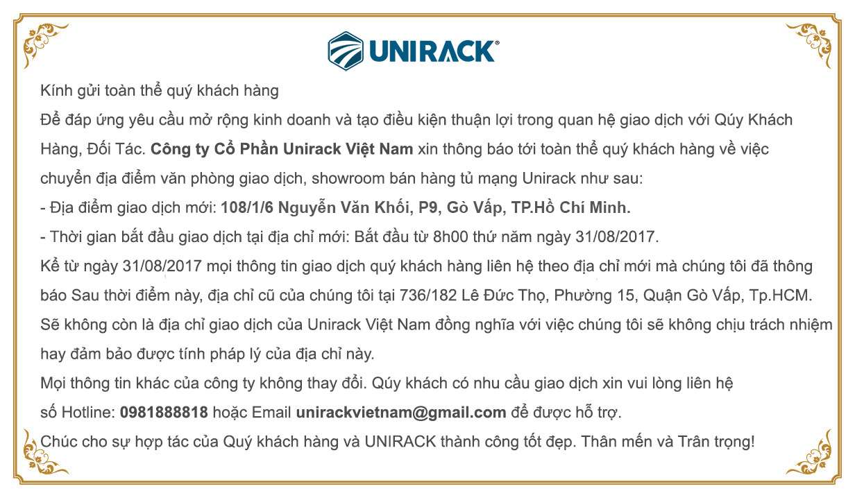 Unirack thông báo